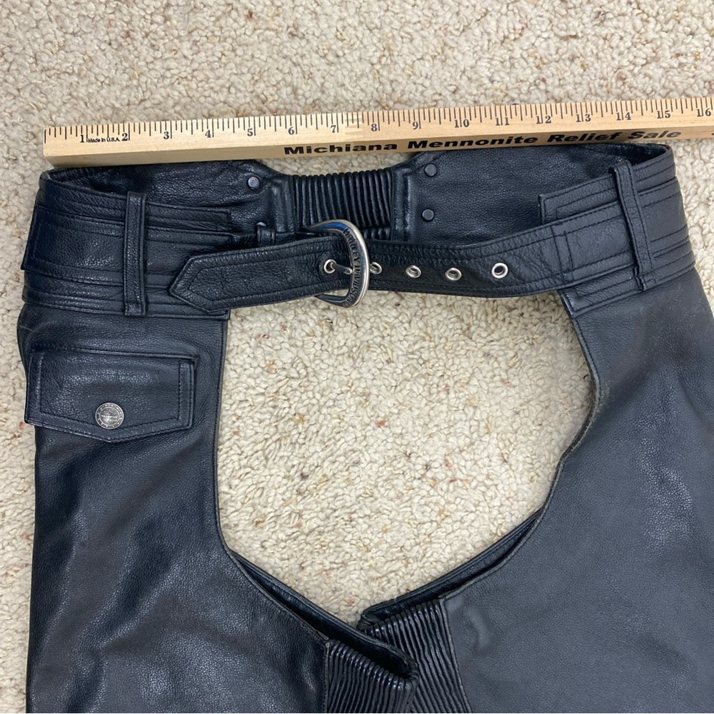 Harley Davidson Chaps Women XS Black Leather Riding Genuine Flared Leg Snap Away - Picture 7 of 9